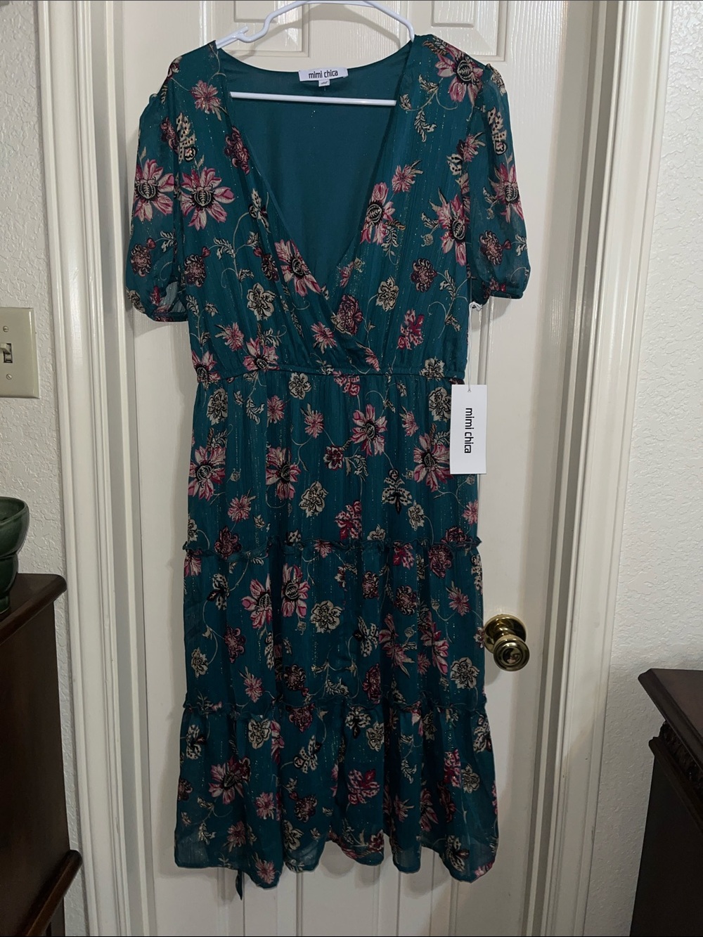 Mimi Chica Teal Floral Tiered Midi Dress Large - Picture 6 of 8
